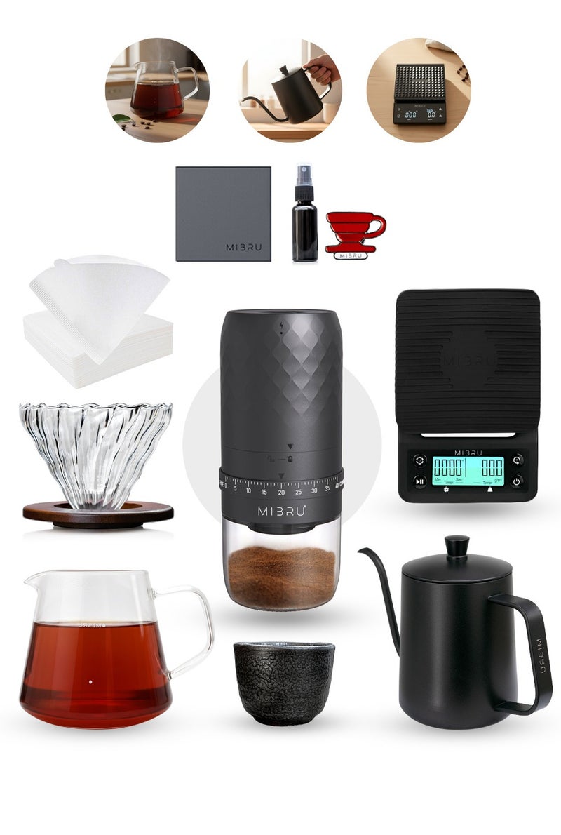 MIBRU V60 Pour Over Coffee Maker Kit – 10-Piece Specialty Coffee Set with Professional Scale & Timer, Electronic Coffee Grinder, 480ml Slim Neck Manual Kettle, Glass Server, 02 Paper Filters, Coffee Funnel, Barista Towel, Cleaning Brushes & Accessories - Image 1